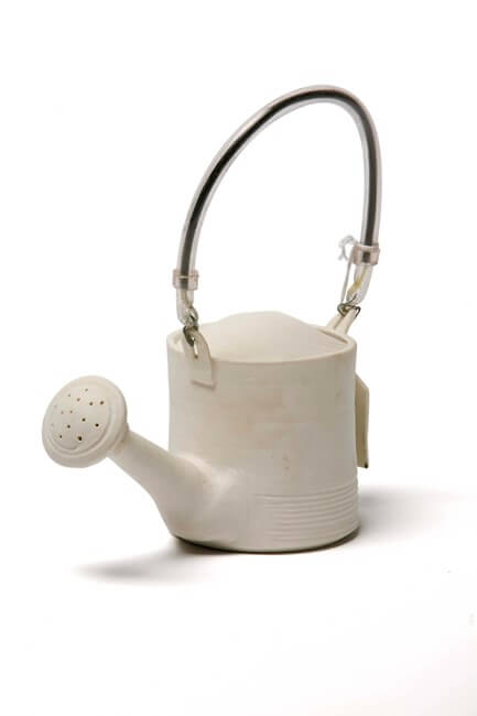 Doubt, thrown  porcelain watering can. Found materials, printed label. 2007. Photographed by Dave Williams.